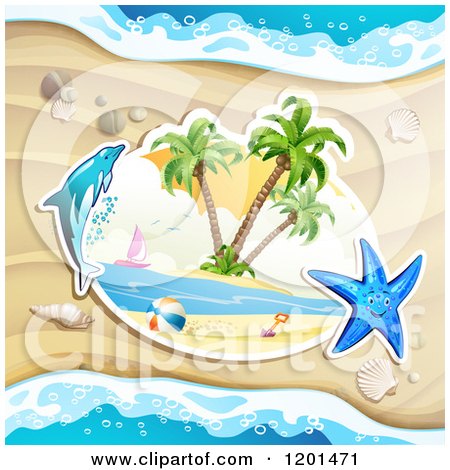 Clipart of a Dolphin Leaping over a Beach and Starfish 2 - Royalty Free Vector Illustration by merlinul