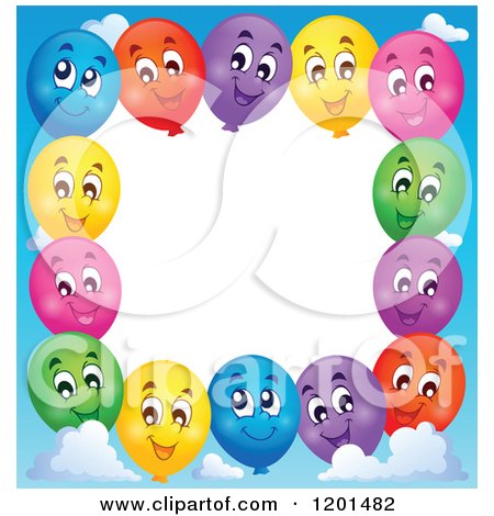 Cartoon of a Border of Happy Colorful Party Balloons and Sky Around White Space - Royalty Free Vector Clipart by visekart