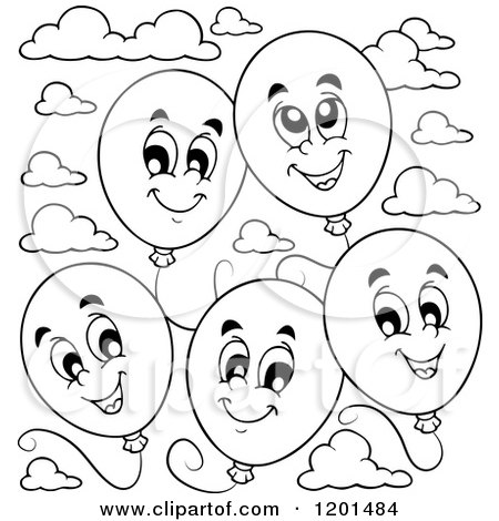 Cartoon of a Group of Floating Black and White Birthday Party Balloons and Strings - Royalty Free Vector Clipart by visekart