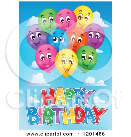 Cartoon of a Bundle of Smiling Colorful Party Balloons and Happy Birthday Text in the Sky - Royalty Free Vector Clipart by visekart