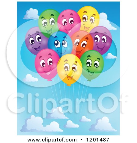 Cartoon of a Bundle of Colorful Happy Birthday Party Balloons in the Sky - Royalty Free Vector Clipart by visekart