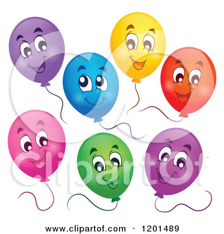 Cartoon of a Group of Floating Colorful Happy Birthday Party Balloons and Strings - Royalty Free Vector Clipart by visekart