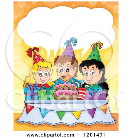 Cartoon of Happy Talking Children Around a Cake at a Birthday Party - Royalty Free Vector Clipart by visekart