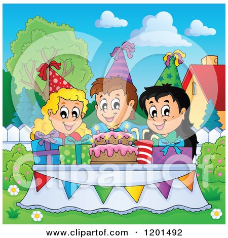 Cartoon of Happy Children Around a Cake and Pesents at a Back Yard Birthday Party - Royalty Free Vector Clipart by visekart