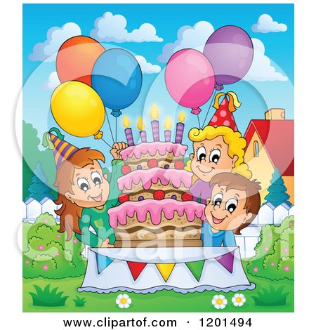 Cartoon of Happy Children Around a Cake at a Back Yard Birthday Party - Royalty Free Vector Clipart by visekart