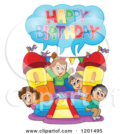 Cartoon of Children Shouting Happy Birthday on a Bouncy House Castle at a Party - Royalty Free Vector Clipart by visekart