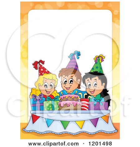 Cartoon of Happy Talking Children Around a Cake at a Birthday Party Frame - Royalty Free Vector Clipart by visekart
