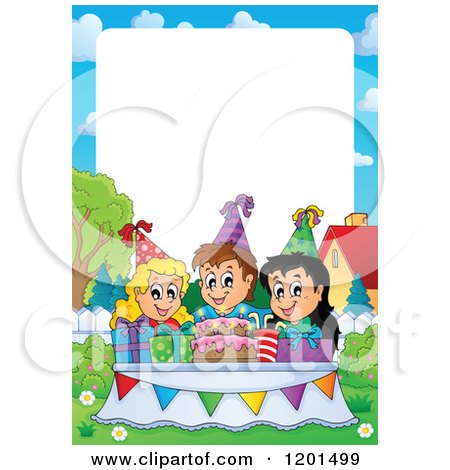 Cartoon of Happy Talking Children Around a Cake at a Birthday Party Frame 2 - Royalty Free Vector Clipart by visekart