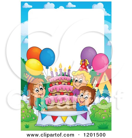 Cartoon of a Border of Happy Children Around a Cake at a Birthday Party - Royalty Free Vector Clipart by visekart