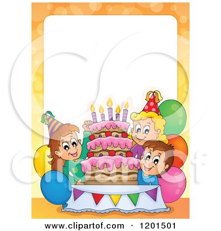 Cartoon of a Border of Happy Children Around a Cake at a Birthday Party 2 - Royalty Free Vector Clipart by visekart