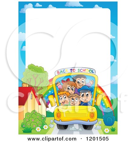 Cartoon of a Back to School Bus on a Road with a Rainbow Under Copyspace - Royalty Free Vector Clipart by visekart