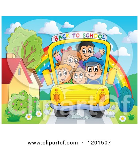 Cartoon of a Crowded Bus with a Driver and Children and Back to School Banner - Royalty Free Vector Clipart by visekart