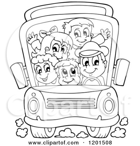 Cartoon of a Crowded Outlined School Bus with a Driver and Children - Royalty Free Vector Clipart by visekart