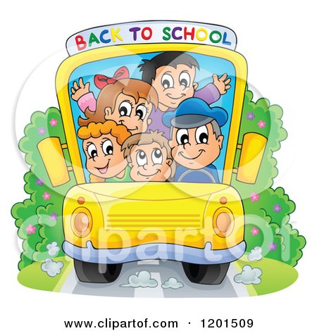 Cartoon of a Crowded Bus with a Driver and Children and Back to School Banner - Royalty Free Vector Clipart by visekart