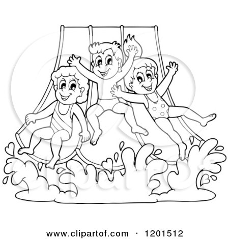 Cartoon of Happy Outlined Children Going down a Water Park Slide - Royalty Free Vector Clipart by visekart