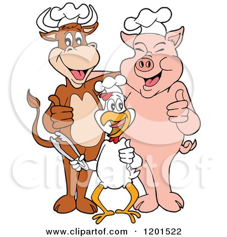 Cartoon of a Happy Chef Bull Chicken and Pig Holding Thumbs up and Tongs - Royalty Free Vector Clipart by LaffToon