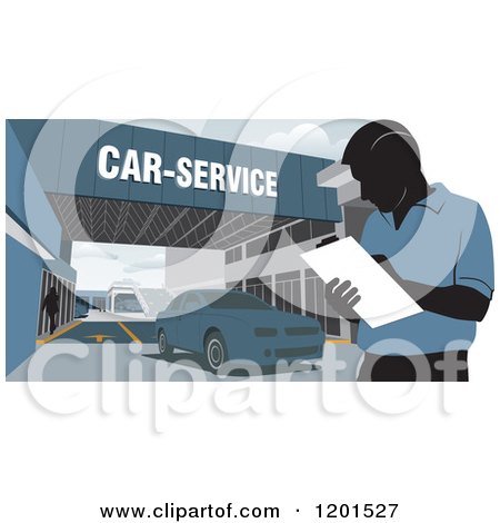 Clipart of a Technician Taking Notes at a Car Service Station - Royalty Free Vector Illustration by David Rey