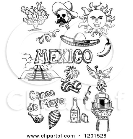 Clipart of Black and White Doodled Mexican and Cinco De Mayo Items - Royalty Free Vector Illustration by David Rey