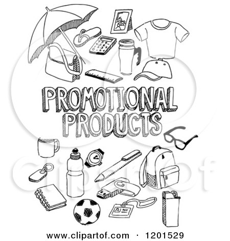 Clipart of Black and White Sketched Promotional Products Text and Retail Items - Royalty Free Vector Illustration by David Rey