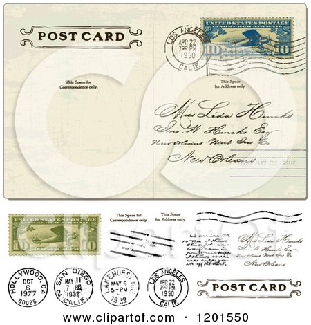 Clipart of a Vintage Post Card with a Postmark Cash and Stamps - Royalty Free Vector Illustration by BestVector
