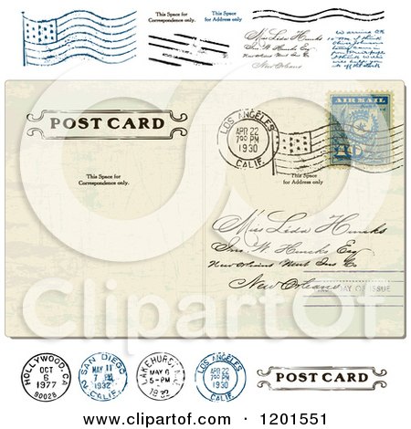 Clipart of a Vintage Post Card with a Postmark and Stamps - Royalty Free Vector Illustration by BestVector
