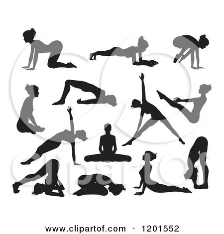 Clipart of Silhouetted Women in Different Yoga Poses - Royalty Free Vector Illustration by AtStockIllustration