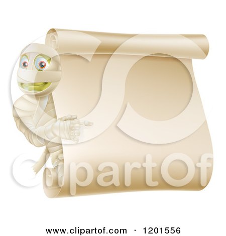 Cartoon of a Mummy Pointing to a Halloween Scroll Sign - Royalty Free Vector Clipart by AtStockIllustration