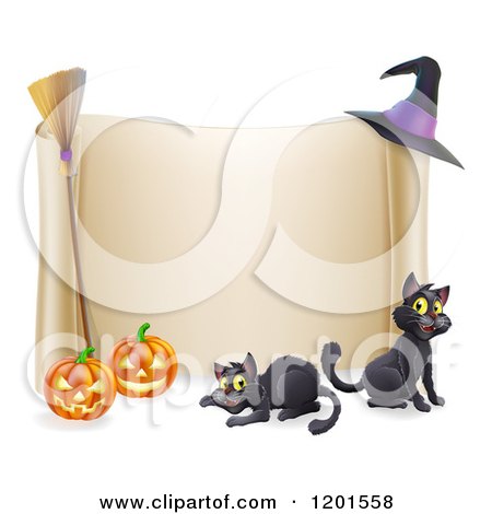 Cartoon of a Halloween Scroll Sign with Black Cats Jackolanterns a Broomstick and Witch Hat - Royalty Free Vector Clipart by AtStockIllustration