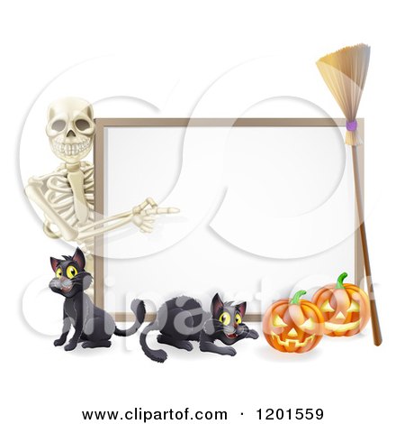 Cartoon of a Skeleton Pointing to a Halloween Sign with Black Cats a Broomstick and Pumpkins - Royalty Free Vector Clipart by AtStockIllustration