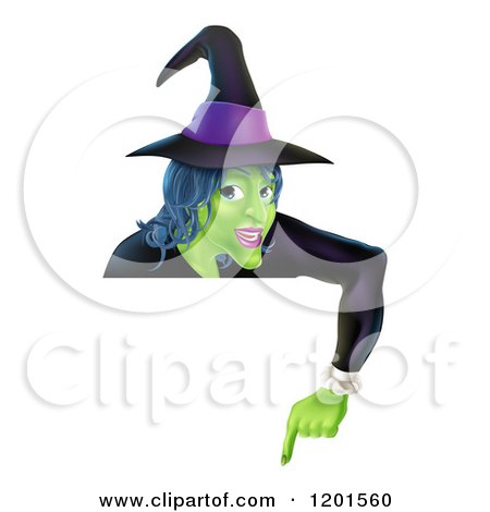 Cartoon of a Green Halloween Witch Wearing a Hat and Pointing down at a Sign - Royalty Free Vector Clipart by AtStockIllustration