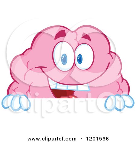 Cartoon of a Pink Brain Mascot Smiling over a Sign - Royalty Free Vector Clipart by Hit Toon
