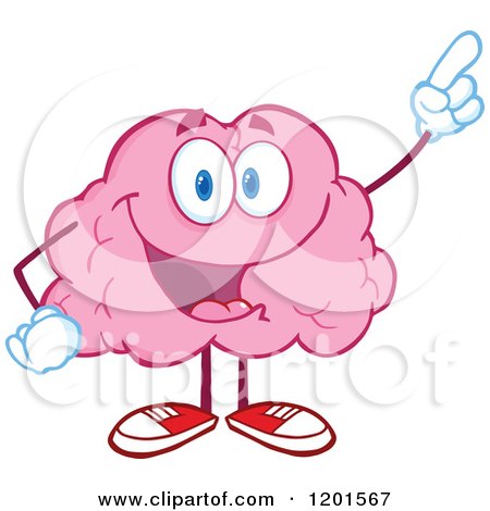 Cartoon of a Happy Pink Brain Mascot Holding up an Idea Finger - Royalty Free Vector Clipart by Hit Toon