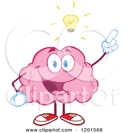 Cartoon of a Happy Pink Brain Mascot Holding up an Idea Finger Under a Light Bulb - Royalty Free Vector Clipart by Hit Toon