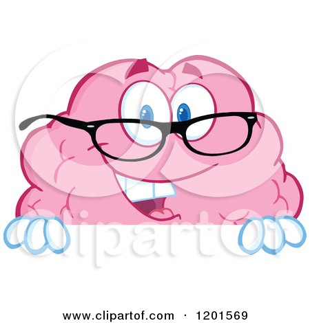 Cartoon of a Pink Brain Mascot with Glasses, Smiling over a Sign - Royalty Free Vector Clipart by Hit Toon