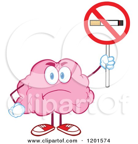 Cartoon of a Mad Pink Brain Mascot Holding a No Smoking Sign - Royalty Free Vector Clipart by Hit Toon