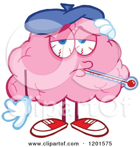 Cartoon of a Sick Pink Brain Mascot with a Thermometer and Ice Pack - Royalty Free Vector Clipart by Hit Toon