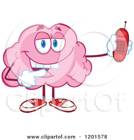 Cartoon of a Happy Pink Brain Mascot Holding and Pointing to a Cell Phone - Royalty Free Vector Clipart by Hit Toon