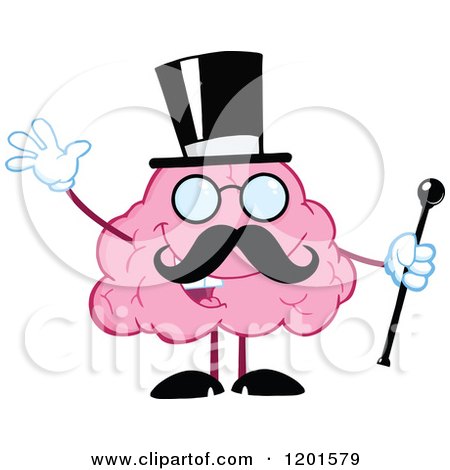 Cartoon of a Waving Happy Pink Brain Mascot Gentleman with a Top Hat Mustache and Cane - Royalty Free Vector Clipart by Hit Toon