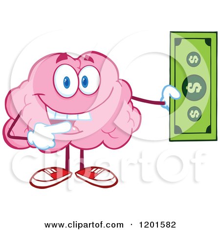 Cartoon of a Pink Brain Mascot Holding and Pointing to a Dollar Bill - Royalty Free Vector Clipart by Hit Toon