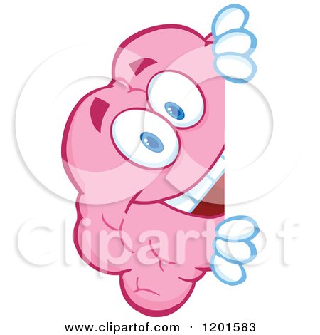 Cartoon of a Pink Brain Mascot Smiling Around a Sign - Royalty Free Vector Clipart by Hit Toon