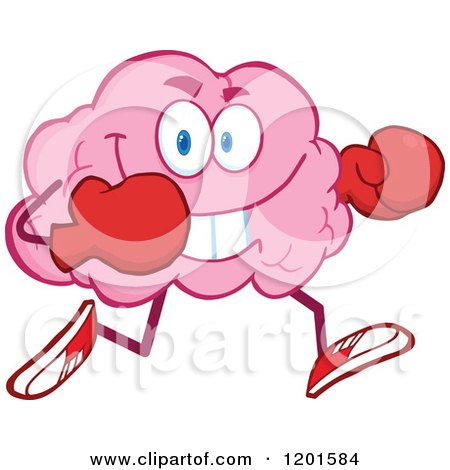 Cartoon of a Pink Brain Mascot Running with Boxing Gloves - Royalty Free Vector Clipart by Hit Toon