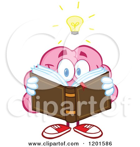 Cartoon of a Creative Pink Brain Mascot with a Light Bulb, Reading a Book - Royalty Free Vector Clipart by Hit Toon