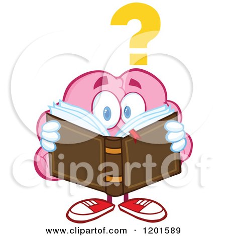 Cartoon of a Confused Pink Brain Mascot with a Question Mark, Reading a Book - Royalty Free Vector Clipart by Hit Toon