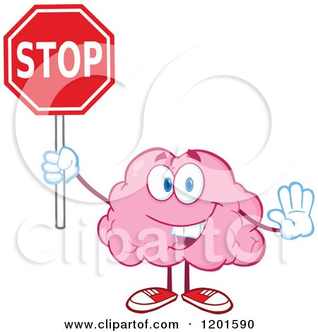 Cartoon of a Pink Brain Mascot Holding a Stop Sign - Royalty Free Vector Clipart by Hit Toon