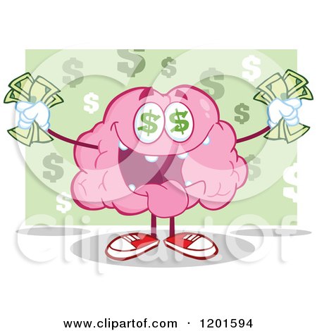 Cartoon of a Pink Brain Mascot with Dollar Eyes and Cash over Green - Royalty Free Vector Clipart by Hit Toon