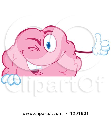 Cartoon of a Pleased Pink Brain Mascot Winking and Holding a Thumb up over a Sign - Royalty Free Vector Clipart by Hit Toon