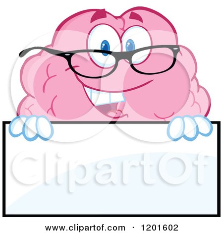 Cartoon of a Pink Brain Mascot Wearing Glasses and Holding a Sign - Royalty Free Vector Clipart by Hit Toon