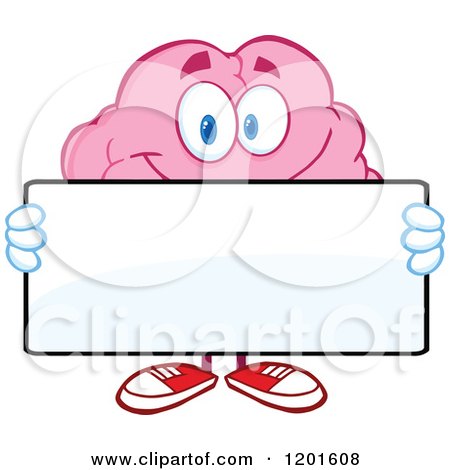 Cartoon of a Pink Brain Mascot Holding a White Sign - Royalty Free Vector Clipart by Hit Toon