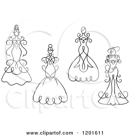 Clipart of Black and White Swirly Brides in Wedding Dresses or Gowns - Royalty Free Vector Illustration by Vector Tradition SM