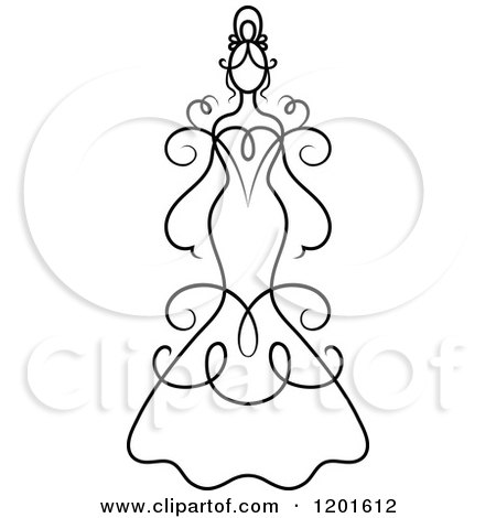 Clipart of a Black and White Swirly Bride in a Wedding Dress or Gown - Royalty Free Vector Illustration by Vector Tradition SM